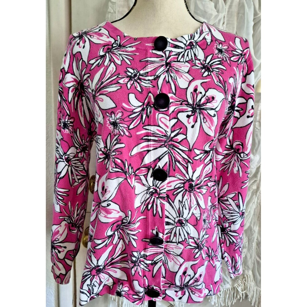 Dressbarn Womens Cardigan Sz 14/16 Pink White Cotton Nylon Floral